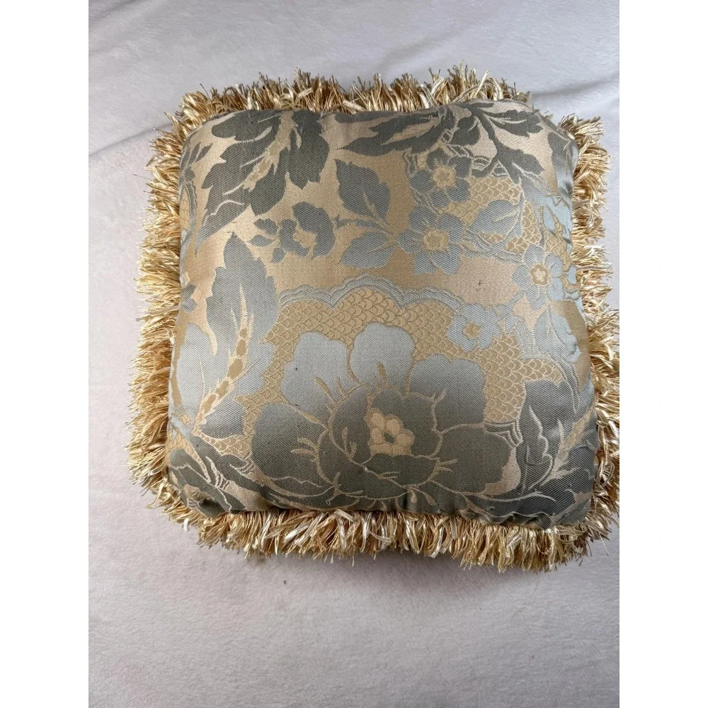 Gold Floral Fringe Throw Pillow‎ 16x16 Textured Square Indoor Decor Accent